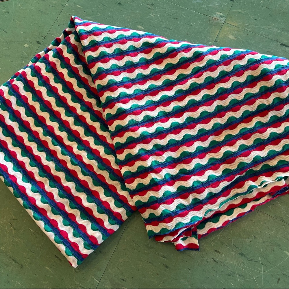 Green blue red stretchy polyester (?) fabric